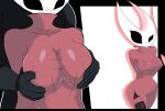 2026 2_horns 5_fingers animated arthopod beads black_body black_eyes blush blush_lines breast_grab breast_play breasts clothed clothing empty_eyes exclamation_point female fingers gesture hand_on_breast handshake heart_symbol hi_res hollow_knight_(franchise) horn hornet_(hollow_knight) nipple_outline prayer_beads question_mark rosary solo standing team_cherry throbo