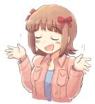  1girl amami_haruka blue_shirt bow breast_pocket brown_hair closed_eyes collared_jacket commentary_request cropped_torso hair_bow hands_up idolmaster idolmaster_(classic) jacket long_sleeves multiple_hair_bows open_clothes open_jacket open_mouth pink_jacket pocket red_bow shirt short_hair shrugging simple_background smile solo tsubobot white_background 