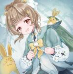  1girl aqua_background aqua_dress basket blunt_bangs bow-shaped_hair brown_eyes brown_hair commentary_request dress genshin_impact hair_ornament hairclip highres kototomari long_sleeves looking_at_viewer open_mouth parallel_hairclips rabbit short_hair smile solo upper_body yaoyao_(genshin_impact) 