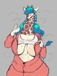  3:4 anthro big_breasts bodily_fluids breasts cleavage clothed clothing clothing_lift curvy_figure fanning_self farley_(kyaramerucocoa) female fur giraffe giraffid hi_res horn kyaramerucocoa mammal open_sweater partially_clothed shirt shirt_lift solo spots spotted_body spotted_fur sweat topwear voluptuous wide_hips 
