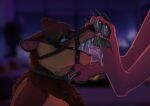 anthro bdsm bear bedroom black_claws blue_eyes blurred_background blush bodily_fluids bondage bondage_gear bound claws collar collar_only duo feet fluffy fluffy_chest foot_fetish foot_focus foot_lick foot_play gag hair hare hi_res lagomorph leporid licking looking_pleasured looking_up looking_up_at_partner male male/male mammal naahva neck_tuft night nude pawpads paws rabbit ring_gag saliva saliva_on_foot saliva_on_tongue saliva_string short_hair submissive submissive_anthro submissive_male tongue tongue_out tuft worship