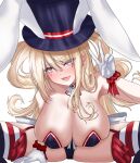  1girl absurdres animal_ears azur_lane blonde_hair blue_leotard blue_thighhighs breasts cleavage commentary english_commentary facial_mark fake_animal_ears garter_straps gloves guam_(azur_lane) guam_(stage-setting_charmer)_(azur_lane) hair_over_one_eye hat heart heart_facial_mark highres huge_breasts juinm95 leotard long_hair looking_at_viewer official_alternate_costume open_mouth playboy_bunny purple_hat rabbit_ears red_garter_straps solo spread_legs star-shaped_pupils star_(symbol) symbol-shaped_pupils thighhighs top_hat undersized_breast_cup v very_long_hair white_gloves wide_spread_legs 