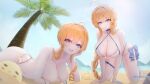  2girls absurdres beach blue_eyes blue_ribbon breasts date_a_live highres kunshulucas large_breasts legs multiple_girls ocean orange_hair ribbon sand siblings sisters swimsuit twins yamai_kaguya yamai_yuzuru 