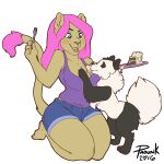  1:1 2016 absurd_res anthro bottomwear breast_lick breast_play breasts cake canid canine canis cleavage clothed clothing cutlery dessert digital_media_(artwork) domestic_dog felid female feral food fork fur hair hi_res hotpants kitchen_utensils licking lion mammal padunk pantherine paw_on_breast pink_hair shirt shorts simple_background smile tank_top tongue tongue_out tools topwear 