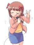  1girl \m/ amami_haruka blue_skirt bow breast_pocket brown_hair closed_eyes collared_jacket commentary_request cowboy_shot hair_bow hands_up holding holding_microphone idolmaster idolmaster_(classic) jacket long_sleeves microphone miniskirt multiple_hair_bows music open_mouth pink_jacket pocket red_bow shirt short_hair simple_background singing skirt solo standing tsubobot white_background yellow_shirt 