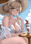  1girl absurdres ade_(nikke) bikini blonde_hair blue_sky braid breasts bun_with_braided_base commentary food glasses goddess_of_victory:_nikke green_eyes hair_bun hat highres large_breasts looking_at_viewer parfait shirt short_hair sky small_chair_(xiaosaiyi33818) smile solo straw_hat swimsuit white_bikini white_shirt 