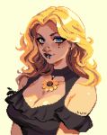  1girl black_eyeliner black_lips black_shirt blonde_hair blue_eyes breasts camisole cleavage cleavage_cutout closed_mouth clothing_cutout commentary dress english_commentary eyeliner eyeshadow face_piercing flower flower_necklace frilled_shirt frills goth_fashion haley_(stardew_valley) jewelry large_breasts lip_piercing lip_ring long_hair looking_at_viewer makeup necklace nose_piercing parted_hair piercing pixel_art purple_eyeshadow runny_makeup shirt shoulder_cutout signature simple_background smile solo stardew_valley thisislux upper_body wavy_hair yellow_background 