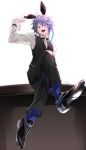  1boy :d absurdres alternate_costume animal_ears antenna_hair black_bow black_bowtie black_pants black_shoes black_vest blue_hair blue_socks bow bowtie braid collared_shirt commentary crossed_legs fake_animal_ears frilled_sleeves frills full_body hair_ornament hairclip hand_on_own_ear highres holding_ear holostars holostars_english long_sleeves male_focus male_playboy_bunny multiple_braids nyokkiiiiin octavio on_table open_mouth pants pink_eyes rabbit_ears shirt shoes sitting smile socks solo table tri_braids vest virtual_youtuber waistcoat white_background white_shirt 