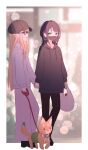  2girls absurdres alternate_costume bag bespectacled black-framed_eyewear black_hair black_hoodie black_pantyhose black_shoes blonde_hair cho_kaguya-hime! commentary full_body glasses green_eyes highres holding holding_bag holding_hands holding_leash hood hoodie inudoge kaguya_(cho_kaguya-hime!) leash long_hair looking_at_another mask medium_hair mole mole_under_eye mouth_mask multiple_girls nakisunananana orange_eyes pantyhose sakayori_iroha shoes shopping_bag sweater white_sweater yuri 