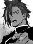  1boy arm_up azumasouya collared_jacket commentary_request dark-skinned_male dark_skin earrings eyebrow_cut forbartz_xylo greyscale highres jacket jewelry looking_at_viewer male_focus monochrome multicolored_hair multiple_earrings nervous_sweating open_mouth parted_hair piercing portrait scar scar_on_face short_hair slit_pupils solo spot_color streaked_hair sweat teeth yellow_eyes yuushakei_ni_shosu 
