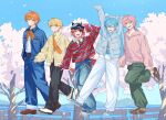  5boys animal_ear_headwear arm_up arms_up black_pants blonde_hair blue_hair blue_jacket blue_pants blue_sky cardigan closed_mouth colon_(stpri) commentary dog_tail falling_petals full_body green_pants hair_between_eyes hands_in_pockets heterochromia jacket jel_(stpri) kana_(okitasougo222) long_sleeves male_focus multiple_boys neckerchief necktie one_eye_closed open_mouth orange_hair orange_neckerchief orange_necktie pants petals pink_hair pink_sweater red_hair rinu_(stpri) root_(stpri) salute satomi_(stpri) shirt short_hair sky sleeves_past_wrists smile standing standing_on_one_leg strawberry_prince striped_clothes striped_shirt sweater tail tree yellow_cardigan 