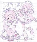  1girl :< :q absurdres apron blunt_bangs blush_stickers bow bowtie closed_eyes closed_mouth commentary_request dress drooling full_body grid_background hair_ornament hair_rings halo hand_up highres long_hair long_sleeves multiple_views niyu_(nennenkorori3) original outline pink_bow pink_bowtie pink_dress pink_hair pink_shoes purple_halo shoes side_ponytail single_hair_ring sleeping sleeve_bow smile socks standing standing_on_one_leg tongue tongue_out white_apron white_background white_bow white_outline white_socks wing_hair_ornament zzz 