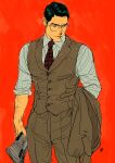  1boy absurdres black_hair cigarette collared_shirt commentary_request glasses grey_jacket grey_pants grey_vest highres holding holding_newspaper holding_unworn_clothes holding_unworn_jacket jacket lapels looking_to_the_side male_focus myojo_0120 necktie newspaper notched_lapels original pants parted_hair pinstripe_pattern pinstripe_shirt red_background red_necktie shirt sideways_glance simple_background smoking standing suit_jacket unworn_jacket vest white_shirt wing_collar 