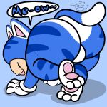 3_toes big_butt blue_background blue_body blue_fur bulge bulge_from_behind butt cat_costume cat_smile clothing costume elemental_creature english_text feet fungi_fauna fungus fur fursuit gloves handwear humanoid looking_at_viewer looking_back male mario_bros markings multicolored_body multicolored_fur nintendo pawpads paws presenting presenting_hindquarters raised_leg rear_view signature simple_background simple_face solo speech_bubble striped_body striped_markings stripes super_mario_3d_world tail tan_body tan_skin text thick_thighs toad_(mario) toes toni_oni two_tone_body two_tone_fur white_body white_fur