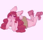 2025 4_fingers anthro arm_support arm_tuft arms_bent artist_name bangs bent_legs blue_eyes blush blush_lines bottomwear breasts cleavage closed_smile clothed clothed_anthro clothed_female clothing colored digital_drawing_(artwork) digital_media_(artwork) ear_tuft elbow_tuft english_description eye_through_hair eyebrow_through_hair eyebrows eyelashes eyelashes_through_hair female female_anthro fingers footwear full-length_portrait fully_clothed fully_clothed_anthro fully_clothed_female fur green_bottomwear green_clothing green_skirt hair heart_symbol hi_res inner_ear_fluff knee_tuft lagomorph leaning_on_elbow leg_tuft leporid lollipop_bunny_(suzeart) long_ears long_hair looking_at_viewer lying mammal mouth_closed on_front pink_body pink_clothing pink_footwear pink_fur pink_nose pink_shoes pink_tail portrait rabbit red_eyebrows red_hair scut_tail shaded shirt shoelaces shoes short_tail simple_background skirt smile smiling_at_viewer solo suzeart tail text thick_thighs topwear translucent translucent_hair tuft two_tone_tail wavy_hair white_background white_clothing white_inner_ear_fluff white_shirt white_topwear