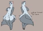  anthro big_butt blue_eyes breasts butt curvy_figure digital_media_(artwork) domestic_ferret english_text female fluffy fluffy_tail fur grey_body grey_fur heart_marking honky_kat looking_at_viewer mammal model_sheet mustela mustelid musteline nipples nude pawpads paws simple_background smile solo standing text thick_thighs true_musteline white_body white_fur wide_hips 