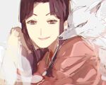  1girl biiko_(king1015g) brown_eyes brown_hair closed_mouth commentary fox head_rest highres lin_(sen_to_chihiro_no_kamikakushi) long_hair pink_lips pink_sweater sen_to_chihiro_no_kamikakushi sidelocks simple_background smile solo spirit sweater v-shaped_eyebrows 