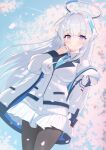  1girl absurdres black_pantyhose blue_archive blue_necktie cherry_blossoms halo headgear highres jacket jacket_partially_removed looking_at_viewer mechanical_halo necktie noa_(blue_archive) pantyhose pleated_skirt purple_eyes skirt smile solo suit two-sided_fabric two-sided_jacket white_hair white_halo white_jacket white_skirt white_suit yumemin_(yumemi5140) 