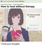  1girl blue_jacket bow bowtie braid brown_cardigan brown_eyes brown_hair brown_shirt cardigan cellphone closed_mouth collared_shirt commentary cup disposable_coffee_cup disposable_cup english_text highres holding holding_cup holding_phone jacket medium_hair phone pink_bow pink_bowtie profanity project_sekai qliu1808 shinonome_ena shirt side_braid smartphone smile solo untranslatable_commentary wikihow 