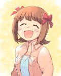  1girl :d ^_^ amami_haruka blue_shirt bow breast_pocket brown_hair closed_eyes collared_jacket facing_viewer hair_bow idolmaster idolmaster_(classic) jacket multiple_hair_bows open_clothes open_jacket open_mouth pink_jacket pocket red_bow shirt short_hair smile solo tsubobot upper_body 