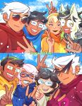  >_o 4boys 4girls :d ;d ^_^ animal_ears animification anniversary black_hair blonde_hair blue_eyes blue_gloves blush buck_teeth buksillee bunny_ears_prank closed_eyes cloud commentary curly_hair dark-skinned_female dark-skinned_male dark_skin dave_strider dirk_strider dog_ears earrings english_commentary english_text eyeshadow fang fingerless_gloves glasses gloves god_tier_(homestuck) green_eyes green_streaks grin hairband happy_anniversary highres homestuck jade_harley jake_english jane_crocker jewelry john_egbert lipstick long_hair long_sleeves makeup multicolored_hair multiple_boys multiple_girls one_eye_closed open_mouth pink_hair purple_eyes purple_eyeshadow rose_lalonde round_eyewear roxy_lalonde short_hair sky smile spiked_hair streaked_hair sunglasses swept_bangs teeth v w white_hair white_streaks 