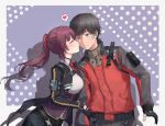  1boy 1girl absurdres black_gloves black_hair blush braid closed_eyes commander_(girls'_frontline) girls'_frontline girls'_frontline_2:_exilium gloves hair_between_eyes hair_ribbon half_up_braid highres jacket kiss kissing_cheek long_hair makiatto_(girls'_frontline_2) necktie ponytail purple_hair red_necktie red_ribbon ribbon shinkiro_(1151886953) shirt wa2000_(girls'_frontline) 