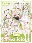  1girl ahoge animal_ears animal_hug armpits arms_behind_head black_bra bra breasts chibi cleavage closed_eyes closed_mouth commentary english_commentary fang fearinota ferret_ears ferret_girl ferret_tail food fruit gradient_hair green_eyes green_hair green_tail hairband highres indie_virtual_youtuber jewelry legs lime_(fruit) lime_slice limealicious limon_(limealicious) medium_breasts multicolored_hair necklace open_mouth shirt short_sleeves single_thighhigh skin_fang smile socks standing thigh_strap thighhighs thighs twintails two-tone_hair underwear vinesauce virtual_youtuber white_hair white_shirt 
