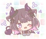  1girl ;d animal_ear_fluff animal_ears black_hair bow breasts chibi cleavage commentary_request cropped_torso demon_girl demon_horns demon_tail demon_wings fangs hands_up highres horns isekai_tensei_shite_v_ni_narimashita koaku_mayo large_breasts looking_at_viewer mini_wings mitarashi_neko multicolored_hair one_eye_closed pink_hair purple_bow purple_eyes purple_wings smile solo striped_bow tail two-tone_hair upper_body virtual_youtuber wings 