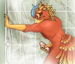 amber_eyes anthro avian bathing beak bird canid canine canis chaulain claws davie_le_mon_(chaulain) digital_media_(artwork) erection european_mythology feathers fingers genitals glans greek_mythology hi_res holding_penis humanoid_genitalia humanoid_penis male mammal masturbation meus micro mythological_avian mythological_bird mythological_creature mythological_firebird mythology nude orange_body orange_feathers penile penile_masturbation penis phoenix pink_genitals pink_penis red_body red_feathers scuted_arms scuted_hands scutes shower showering smile solo standing water wet wolf yellow_beak yellow_body yellow_eyes yellow_feathers