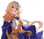  1girl :d alice_zuberg armor blonde_hair blue_armor blue_eyes blue_jacket boobplate breasts bridal_gauntlets commentary_request dated floating_hair fragrant_olive_sword from_below gold_armor hair_intakes hairband hand_on_hilt hand_on_own_hip high_collar highres jacket long_hair looking_at_viewer looking_down medium_breasts open_mouth pauldrons shikei shoulder_armor signature simple_background smile solo sword_art_online sword_art_online:_alicization tassets turtleneck turtleneck_jacket two-tone_armor upper_body white_background white_hairband white_trim 