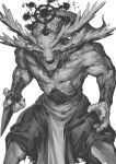  1other commentary english_commentary facing_ahead facing_viewer feet_out_of_frame greyscale head_wings highres jujutsu_kaisen legs_apart mahoraga_(jujutsu_kaisen) monochrome monster monster_focus muscular_other nameno92372763 open_mouth sash simple_background skirt solo topless_other waist_sash wheel_of_dharma white_background wings 