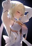  1girl armpits arms_up black_background blonde_hair bow breasts brown_eyes commentary_request detached_sleeves dress eyelashes flower from_below gem genshin_impact glowing_gem gold_trim hair_flower hair_ornament highres kaga_haru large_bow looking_at_viewer lumine_(as_heaven_and_earth_are_made_anew)_(genshin_impact) lumine_(genshin_impact) medium_breasts official_alternate_costume parted_lips perky_breasts puffy_sleeves scarf short_hair short_hair_with_long_locks sidelighting sidelocks sideways_mouth solo tsurime watermark white_bow white_dress white_flower white_mouth white_scarf white_sleeves yellow_gem 