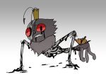 0101010_o 2_antennae 4_legs alternate_species ambiguous_gender antennae_(anatomy) black_eyes body_horror clenched_teeth crown dirty disney feral fur gore gradient_background grey_antennae grey_body grey_fur headgear hoppers_(disney) insect_wings korean_description lepidopteran_wings long_arms long_torso machine melting oil open_mouth orange_wings pained_expression pixar red_sclera robot robot_gore ruff side_view simple_background skinless solo standing teeth titus_(hoppers) torn_wing wings wire
