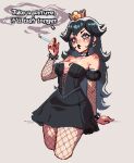  1girl 2025 alternate_eye_color alternate_hair_color bare_shoulders black_collar black_dress black_hair black_lips black_nails breasts cigarette cleavage collar commentary cropped_legs crown detached_sleeves dress english_commentary english_text fingernails fishnet_pantyhose fishnet_sleeves fishnets goth_fashion highres holding holding_cigarette leotard long_hair mario_(series) medium_breasts pantyhose pink_eyes pixel_art princess_peach sharp_fingernails short_dress smoke smoking solo strapless strapless_leotard thisislux very_long_hair 