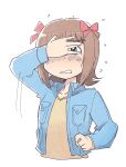  1girl amami_haruka arm_up blue_jacket bow breast_pocket brown_hair brown_shoes collared_jacket covering_own_eyes cropped_torso green_eyes hair_bow idolmaster idolmaster_(classic) jacket long_sleeves multiple_hair_bows open_clothes open_jacket pocket red_bow shoes short_hair simple_background solo tsubobot white_background 
