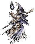  1boy belt black_mage_(final_fantasy) blue_coat brown_belt brown_gloves brown_hat coat commentary dojen final_fantasy final_fantasy_ix gloves hat highres holding holding_staff mage_staff magic male_focus simple_background solo staff vivi_ornitier white_background wizard_hat 