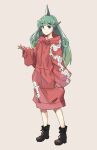 1girl adapted_costume alternate_costume boots brown_boots cloud_print commentary_request curly_hair green_eyes green_hair highres hood hoodie horns jack_(wkm74959) komainu_girl komano_aunn long_hair long_sleeves looking_at_viewer naked_hoodie one-hour_drawing_challenge oversized_clothes red_hoodie single_horn solo touhou very_long_hair 
