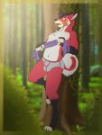  2021 3:4 absurd_res anthro blush bottomwear clothed clothing curled_tail forest foxboy128 front_view fur grey_body grey_fur hi_res holding_object male on_one_leg partially_clothed plant public red_body red_fur shirt sinningfox solo standing t-shirt topwear tree underwear 