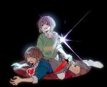  2others black_background blood blood_from_mouth blue_shirt brown_hair chara_(undertale) frisk_(undertale) full_body green_shirt grey_shoes grey_shorts highres hire holding holding_knife knife lying multiple_others other_focus red_eyes shirt shoes short_hair shorts shout_ing sitting sitting_on_person smile teeth undertale utdr_(toby_fox) 