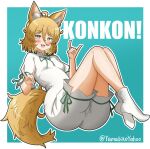  1girl :3 :d ahoge animal_ears arm_ribbon artist_name blonde_hair blue_background blush border breasts bright_pupils commentary double_fox_shadow_puppet floating fox_ears fox_girl fox_shadow_puppet fox_tail green_ribbon hair_between_eyes hands_up knees_up ko~n kudamaki_tsukasa leg_ribbon legs_together long_hair_between_eyes looking_at_viewer neck_ribbon open_mouth outline outside_border ribbon romper short_hair short_sleeves simple_background small_breasts smile socks solo tail thigh_ribbon touhou untranslatable_commentary white_border white_outline white_romper white_socks yamabikoyahoo yellow_eyes 