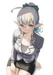  1girl ahoge arm_support bespectacled black_skirt blonde_streaks blue_eyes blush bow breasts cleavage collarbone cowboy_shot defaultkavy drill_hair drill_sidelocks elf glasses green-framed_eyewear green_bow green_eyes green_streaks grey_jacket grey_shirt grin hair_bow heterochromia highres indie_virtual_youtuber jacket long_pointy_ears long_sleeves looking_at_viewer medium_breasts mimori_rui multicolored_hair office_lady pencil_skirt pointy_ears ponytail round_eyewear shirt sidelocks simple_background sitting skirt smile solo streaked_hair virtual_youtuber white_background 