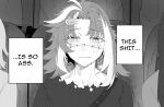  1girl absurdres bone_hair_ornament closed_mouth english_text hair_ornament highres indie_virtual_youtuber kuroi_enpitsu looking_at_viewer medium_hair meme michi_mochievee monochrome multicolored_hair patchwork_skin ringed_eyes shirt star_(symbol) star_hair_ornament stitched_face stitches streaked_hair tearing_up this_shit_is_so_ass_(meme) torn_clothes torn_shirt virtual_youtuber vshojo 