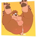 3_toes after_anal after_anal_penetration after_orgasm anthro anus balls banjo-kazooie banjo_(banjo-kazooie) barazoku bear blue_eyes blush boar_on_board bodily_fluids body_blush brown_body brown_fur butt butt_blush cum cum_from_ass cum_in_ass cum_inside cum_on_tail feet fur genital_fluids genitals hi_res leaking_cum legs_up lying male mammal on_back paws pecs penis perineum presenting presenting_hindquarters rareware simple_background solo tail toes yellow_background