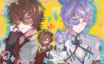  2boys absurdres adjusting_eyewear animal_ears black_gloves blush_stickers brown-tinted_eyewear brown_gloves brown_hair chibi chibi_inset chinese_clothes cleavage_cutout closed_mouth clothing_cutout colorful crossed_arms curly_hair elbow_gloves erune eyewear_tassel feower_(granblue_fantasy) gloves granblue_fantasy grid_background hair_between_eyes hand_up high_collar highres jacket jitome keita_kg85 light_frown looking_at_viewer male_focus monocle multiple_boys open_clothes open_jacket partially_fingerless_gloves pectoral_cleavage pectorals pink_eyes purple-tinted_eyewear purple_hair raised_eyebrow red_eyes sandalphon_(granblue_fantasy) short_hair sigh simple_background single_blush_sticker sitting sunglasses tinted_eyewear upper_body v-shaped_eyebrows white_changpao white_jacket yellow_background 