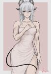  1girl artist_name black_horns black_tail breasts curled_horns dress earrings grey_hair hand_on_own_chest highres horns jewelry key_earrings long_hair looking_at_viewer multiple_scars red_eyes scar scar_on_arm scarletlupa solo tail toned toned_female white_dress wuthering_waves zani_(wuthering_waves) 