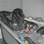 1:1 2026 anthro bath_tub bathing bathroom biped clothing crocodile crocodilian cybernetic_arm cybernetic_limb digital_media_(artwork) hat hat_over_eyes headgear headwear male nikkimory nipples reptile rubber_duck scalie sharp_teeth solo teeth trucker_hat