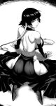  1girl absurdres alternate_breast_size_(larger) ass ass_focus back backless_outfit bare_back bare_shoulders black_hair black_kimono black_sleeves bleach breasts clothing_cutout detached_sleeves from_behind greyscale highres hip_vent huge_ass japanese_clothes kimono large_breasts looking_at_viewer looking_back monochrome nesz_r shinigami short_hair_with_long_locks shoulder_blades sideboob sideless_kimono sideless_outfit simple_background solo sui-feng sweat 