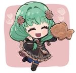  1girl commentary_request drill_hair fire_emblem fire_emblem:_three_houses flayn_(fire_emblem) food garreg_mach_monastery_uniform green_hair hair_ornament hairclip long_hair long_sleeves open_mouth solo taiyaki tamatamariso85 twin_drills wagashi 