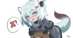  1girl animal_ears blue_archive blue_eyes blush commentary_request fluffy_tail grey_hair hair_ornament halo high_collar hip_flask leaning_forward leaning_on_object neu_(newcreatelife) open_mouth purple_eyes purple_halo shawl shigure_(blue_archive) short_hair simple_background solo speech_bubble tail white_background winter_clothes 