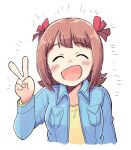  1girl :d amami_haruka blue_jacket blush bow breast_pocket brown_hair closed_eyes collared_jacket cropped_torso facing_viewer hair_bow hand_up idolmaster idolmaster_(classic) jacket long_sleeves multiple_hair_bows open_mouth pocket red_bow short_hair simple_background smile solo tsubobot v white_background 